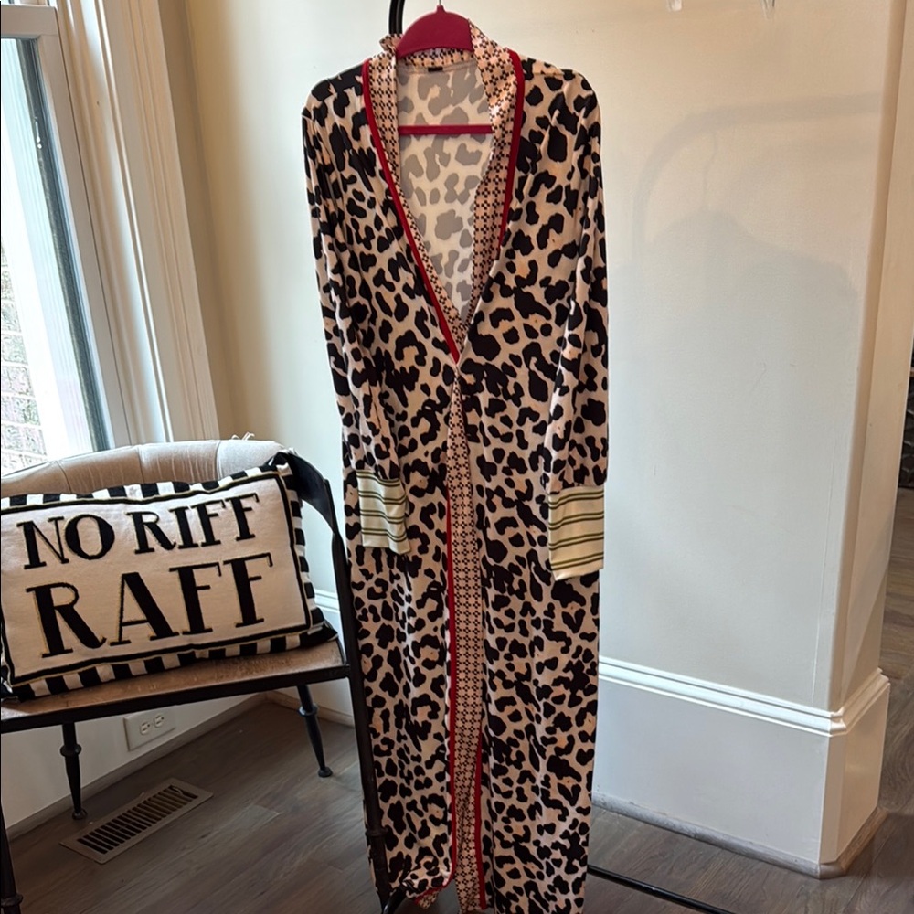Leopard Print Long Cardigan with Red Accents